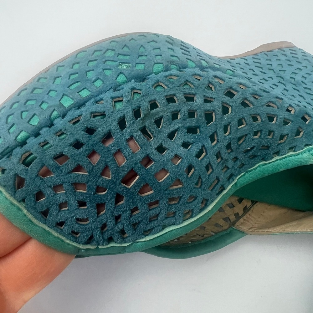 Audley London Teal Green Suede Laser Cut Wedge Sandals 9 Peep Toe Slingback Boho - Picture 4 of 12